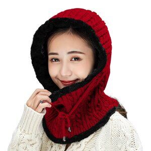 Fleece Lined Knit Balaclava Beanie Scarf Set Pompom Winter Ski Hat